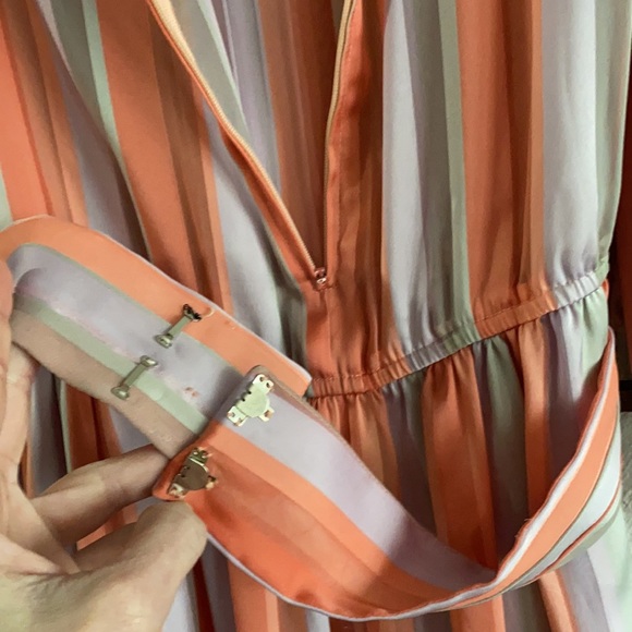 60s 70s VINTAGE LESLIE FAY SILKY LS STRIPE BELTED PRARIE BOHO MIDI DRESS 6 VTG - Picture 9 of 16